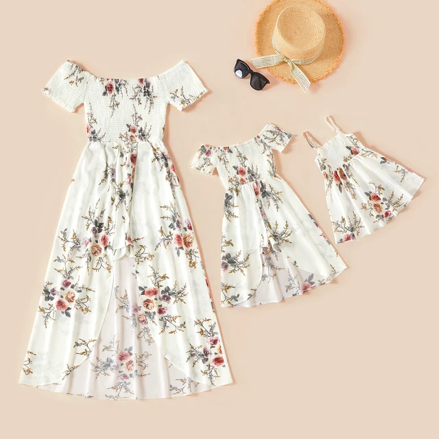 PatPat New Summer Floral Print White Matching Maxi Romper Dresses for Mommy and Me 1