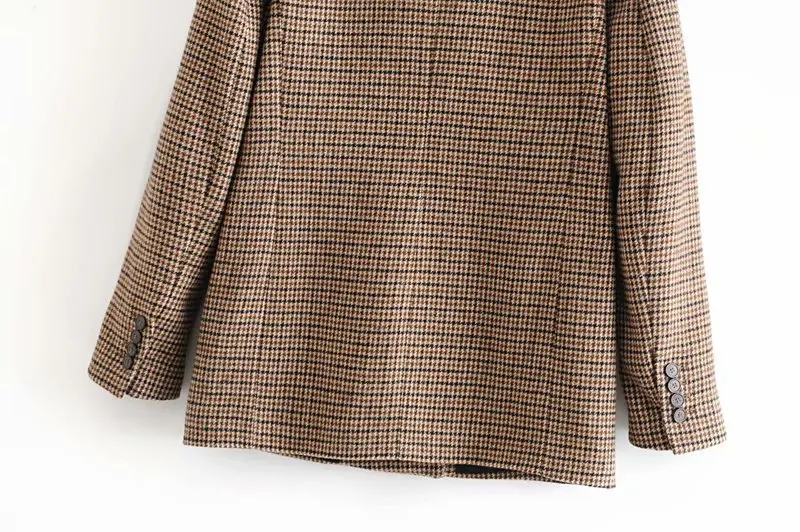 Vintage Casual Plaid Blazer Women Fashion Double Breasted Office Ladies Jacket Coat Female Notched Collar Long Sleeve Suits