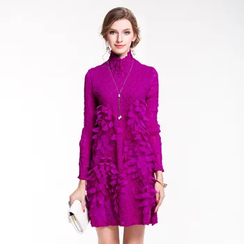 

[LANMREM] 2020 Autumn And Winter New Products Fashion Solid Color Pleated High Collar Embroidered Slim Dress Female PA250