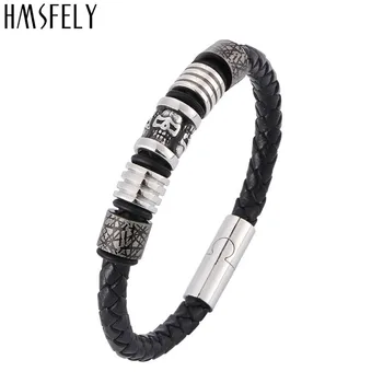 

HMSFELY Trendy Men Black Punk Leather Bracelet Stainless Steel Magnetic Clasp Bracelets Bangles Jewelry For Men Boys 17-21cm