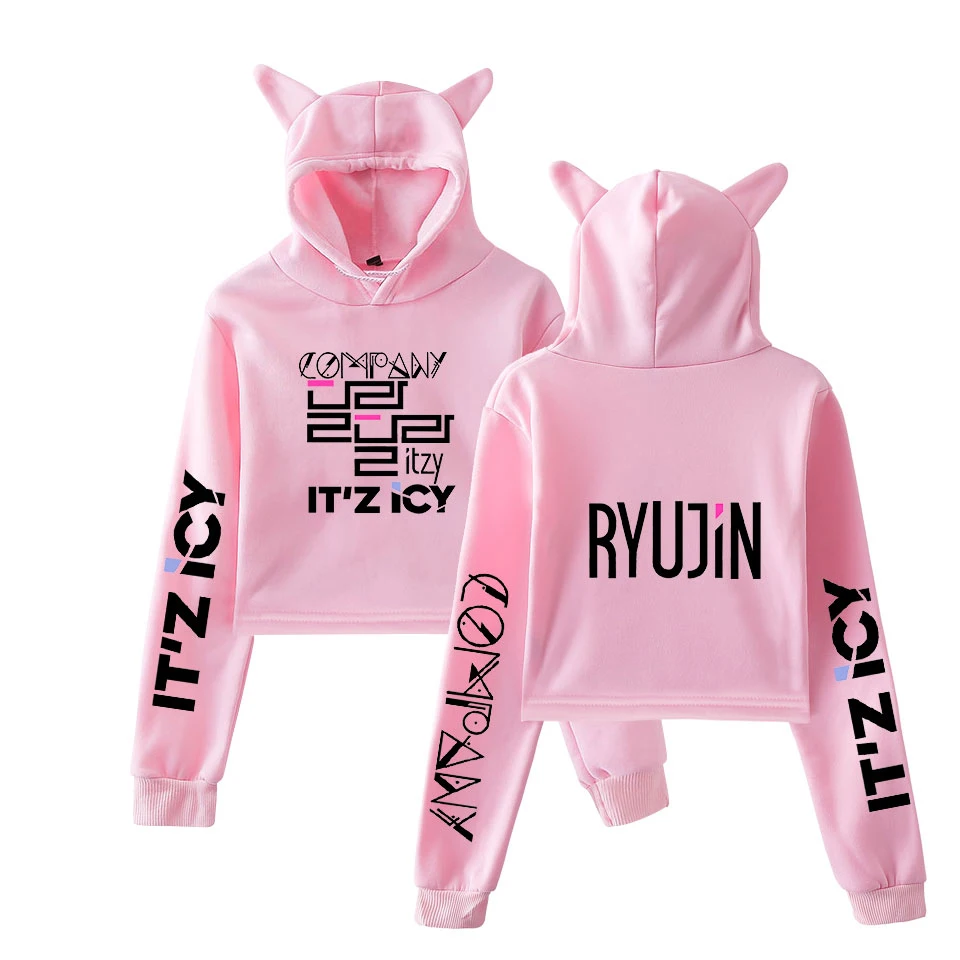 Корейские толстовки с капюшоном ITZY LiA Harajuku, женские толстовки, укороченный топ с капюшоном для девочек, Kpop, женская одежда с длинным рукавом, розовые Топы