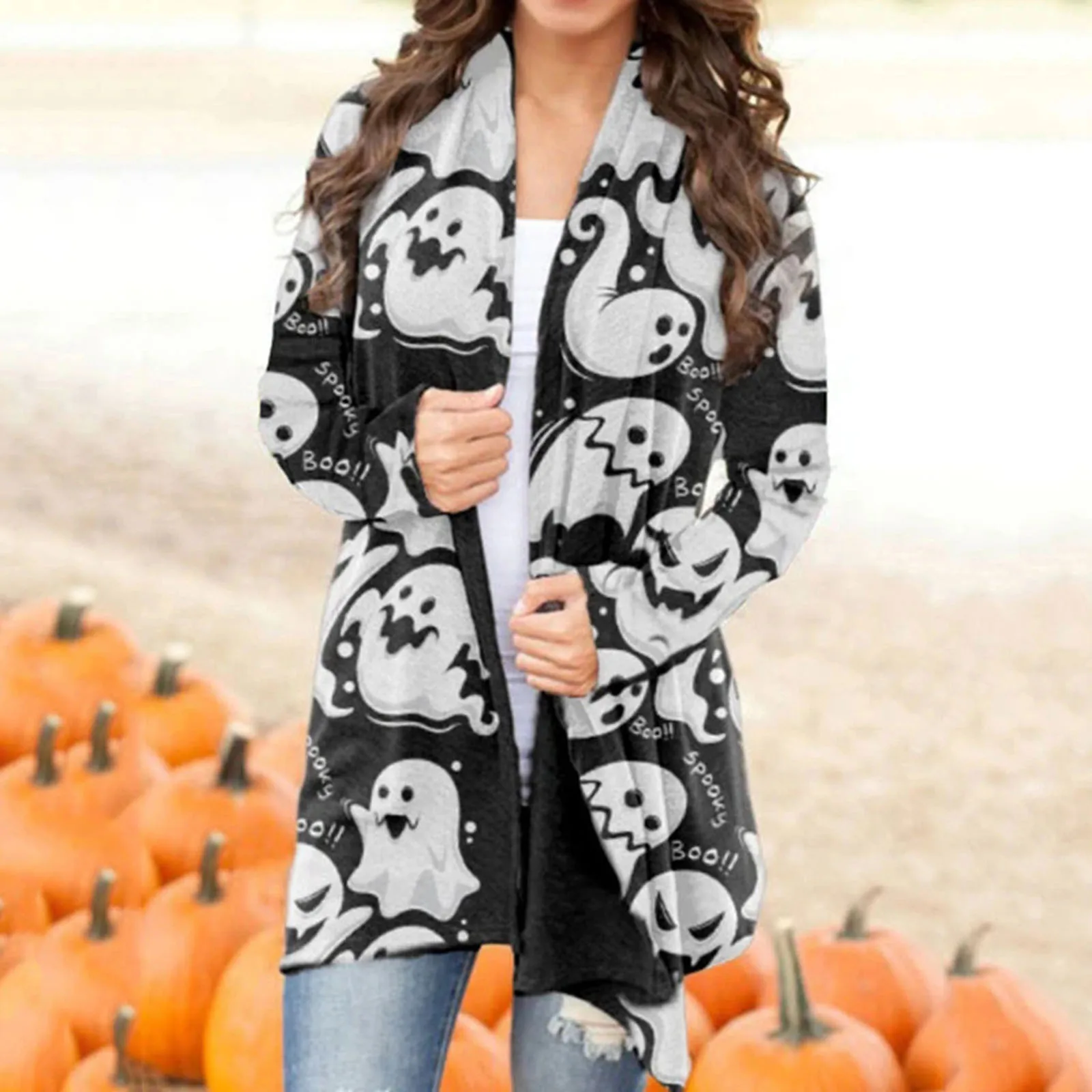 S-XXL Halloween Women Cardigan Sweater 2021 XXL Black Animal Cat Pumpkin Print Cardigan Women Korean Fashion Autumn Coat Blouse 2