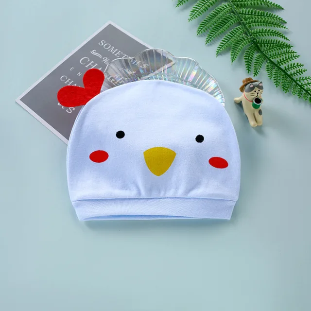 Four Seasons Kids Newborn Baby Hats 100% Cotton Cap 40 Color Cartoon Cute Printed Hat Suitable for 0-12 Months Baby Accessories chick blue