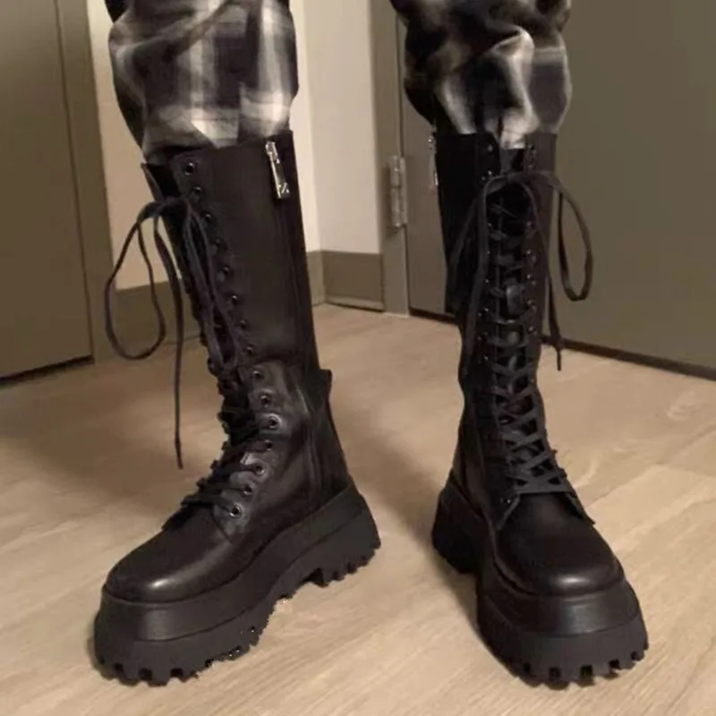 

Women Mid-calf Boots Round Toe Thick High Heel Platform Shoes Soft Leather Punk Female Motorcycle Boots Mujer Bota