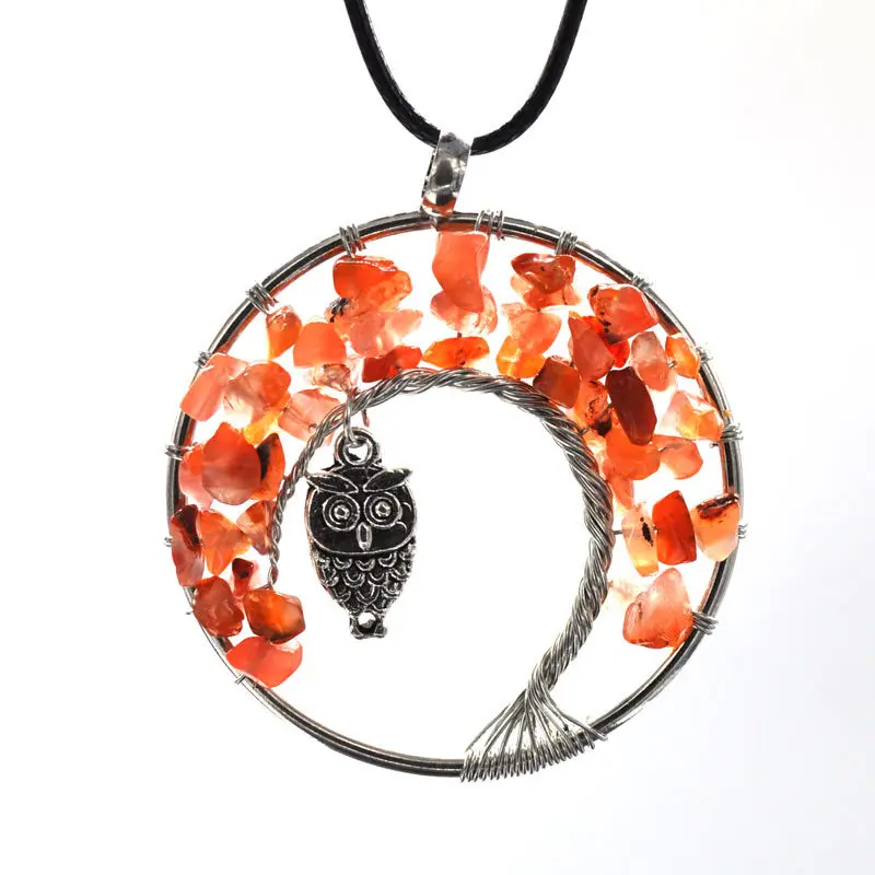 

Handmade Multi-color Natural Stones and Minerals Life Tree and Cute Owl Crystal Necklace Women's Fashion Wedding Party Jewelry