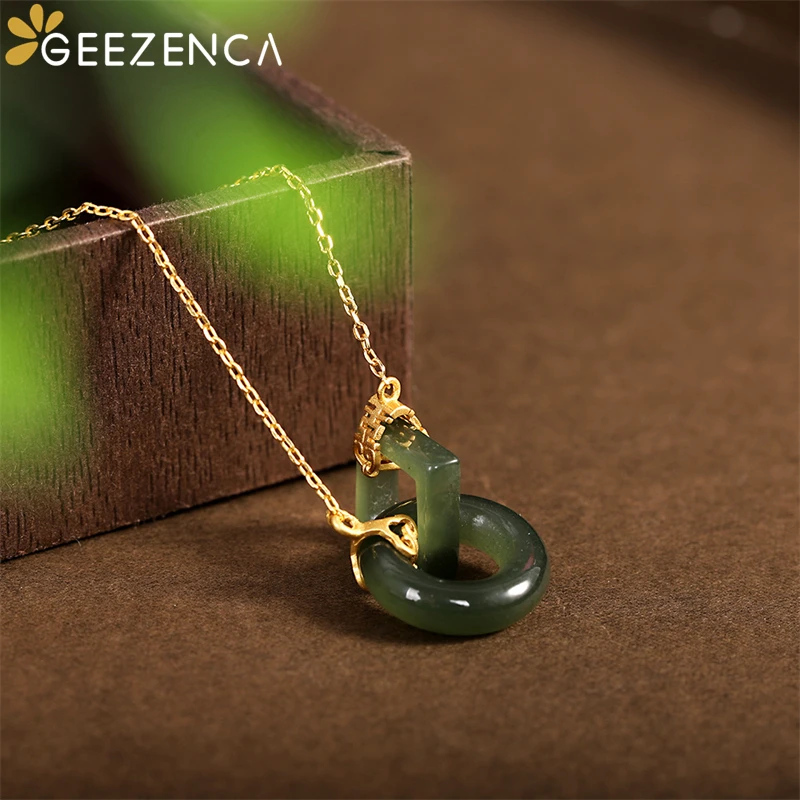 GEEZENCA S925 Silver Gold Plated Jasper Pendant Necklace For Women Green Jade Circle Square Chic Trendy Chokers Necklaces Gift | Украшения