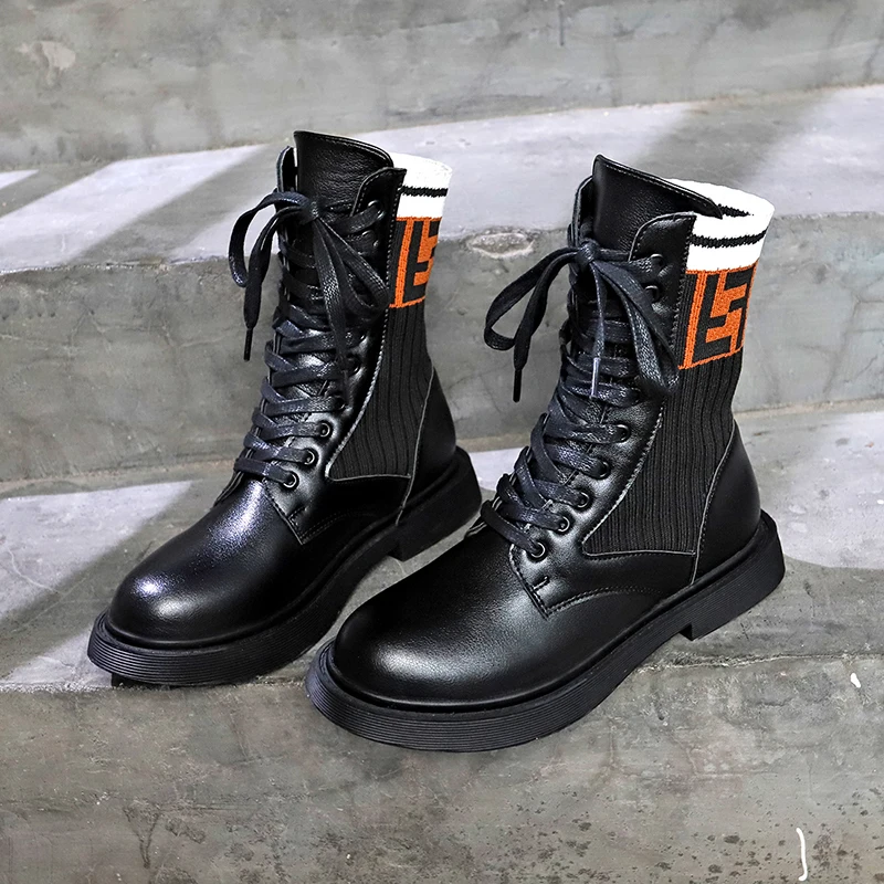 

Fashion Women Sock Boots Knitting Stretch Boots Ladies Martin Boots Leather Black Girls Sneaker Winter Womans Casual Ankle Shoes