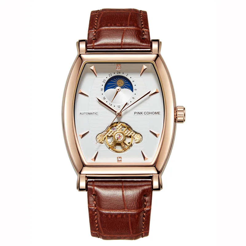Прямоугольник Tourbillon автоматические часы Moonphase Для мужчин механические наручные