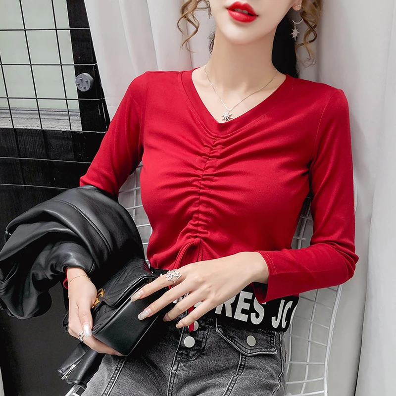 

Early autumn draw string bind long sleeve T-shirt fashion style female new solid color cotton100% round collar splicing t shirts
