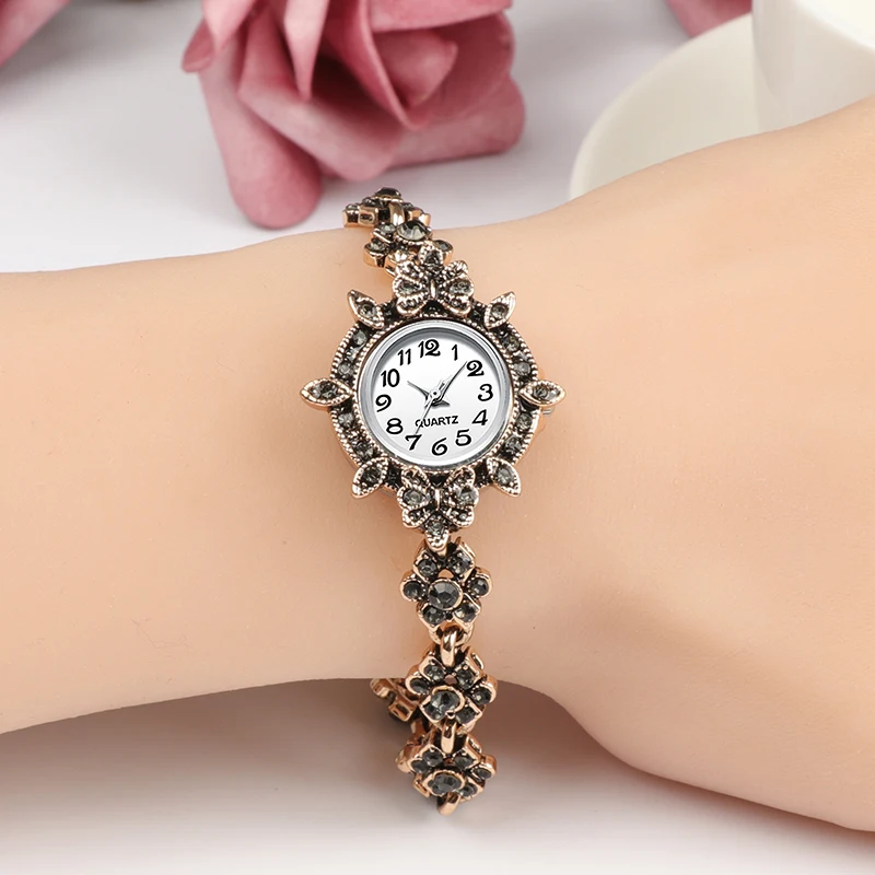 Роскошные Брендовые женские кварцевые наручные часы, античное золото, турецкие серые стразы часы с винтажным браслетом, Женские Ювелирные изделия, новинка