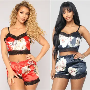 

2pcs Womens Sexy Satin Lace Sleepwear Babydoll Lingerie Nightdress Pajamas Set