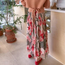 SuperAen, корейский стиль, женское платье, весна, принт, шифон, плиссированное платье, женское, длинный рукав, модная женская одежда