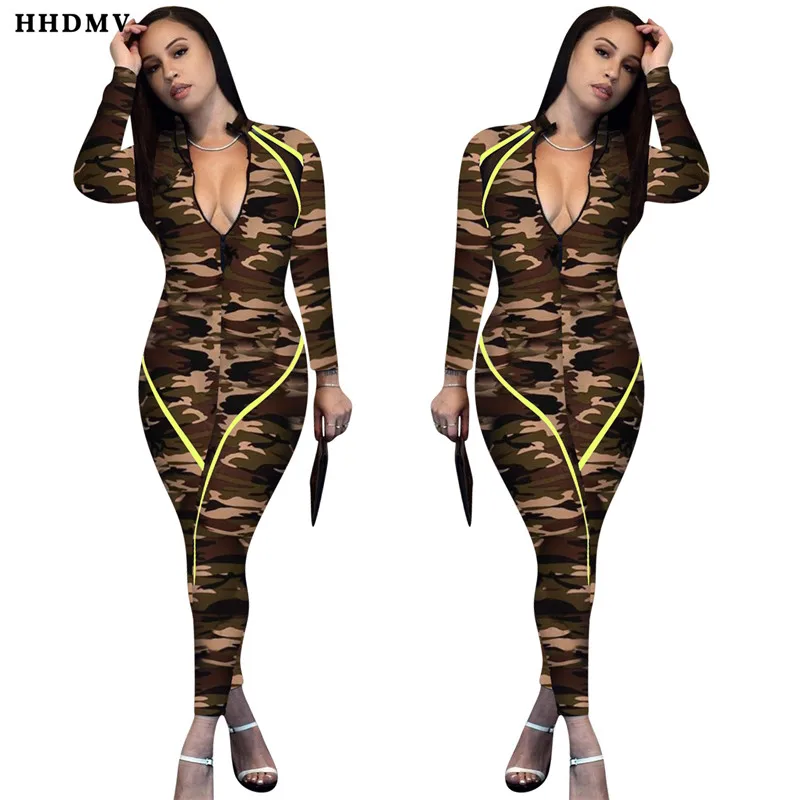 HHDMV YD8136 spring women casual street style jumpsuits long sleeve zipper camouflage tight simple jumpsuits long pants