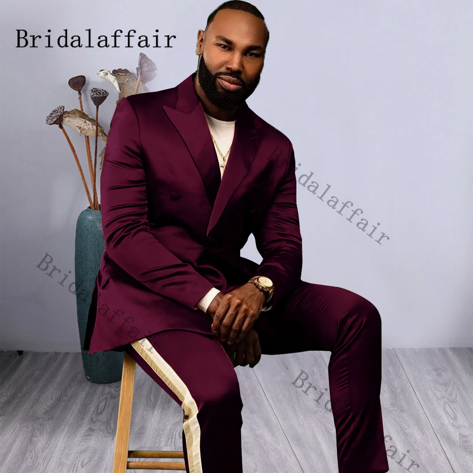 

Bridalaffair Shinny Burgundy Groom Tuxedo Peaked Lapel Double Breasted Men Suit Prom Wedding Party Mens Suits Costume 2 Pieces