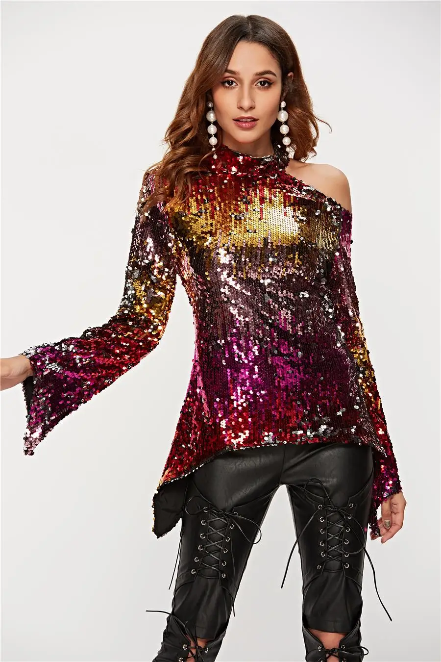 Осень Новая мода Топ Женская блузка с длинным рукавом o-образным вырезом Bling Sequined нерегулярные расклешенные рукава Повседневная рубашка