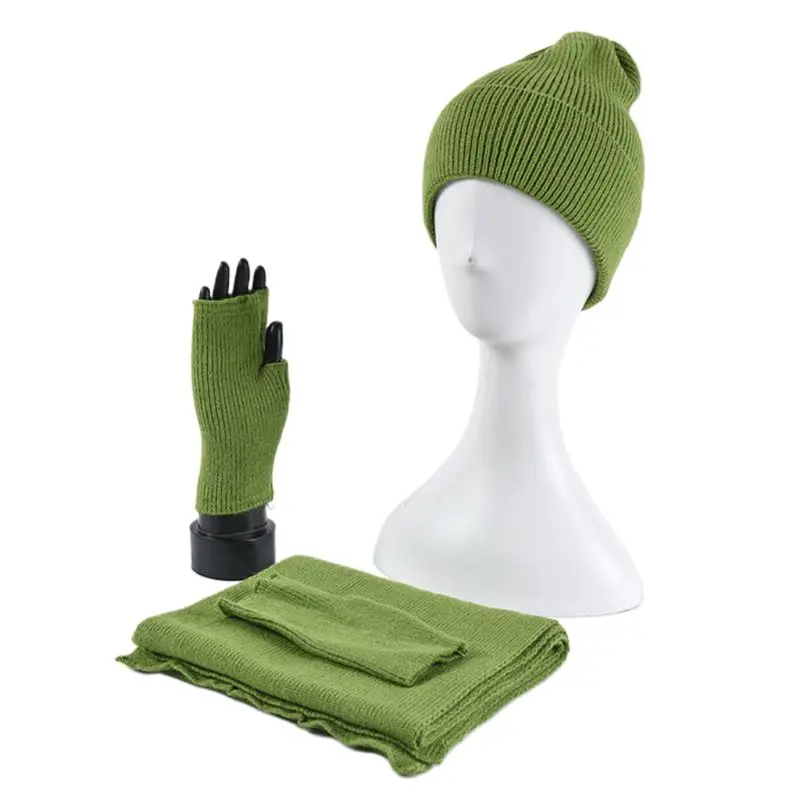 Зимняя шапка бини для женщин и мужчин, длинный шарф, перчатки на полпальца, 3 штуки, однотонный цвет, теплая шаль, вязаная шапка, варежки, набор - Цвет: GG