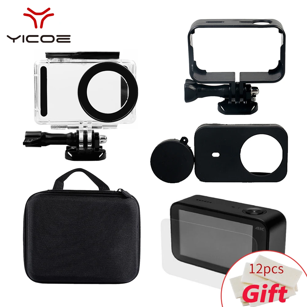 Tanie Dla xiao mi mi jia 4K akcesoria do kamer w ruchu wodoodporna obudowa + ramka obudowa + skórzane etui + osłona obiektywu + folia ochronna + torba do przechowywania