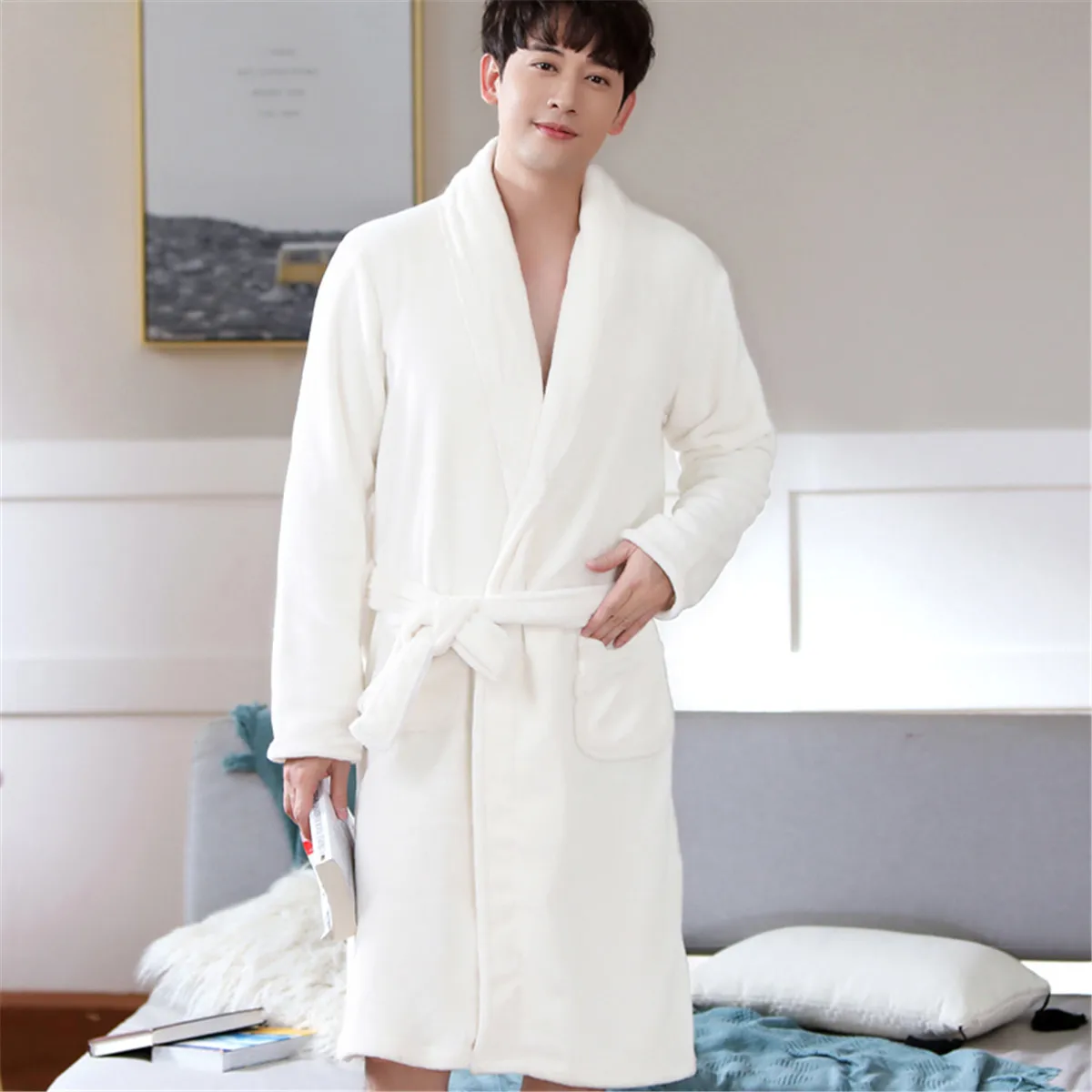 2020 Men Flannel Robe Male Thick Solid Dressing Gown Plus Size Belted Bathrobe Winter Long Robe Mens Bath Robe checkered pajama pants Men's Sleep & Lounge