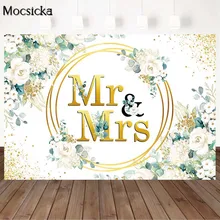 

Mocsicka Mr & Mrs Wedding Anniversary Women Birthday Photography Backdrops Gold Circle Customize Photo Background Decor Banner