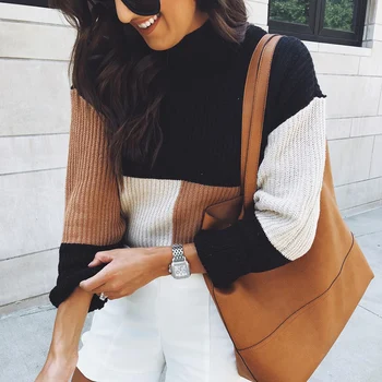 

Women Sweater 2019 Autumn And Winter Polyester Casual Color Pullover Sweater Fashion Striped Tops Long Sleeve Sweaters