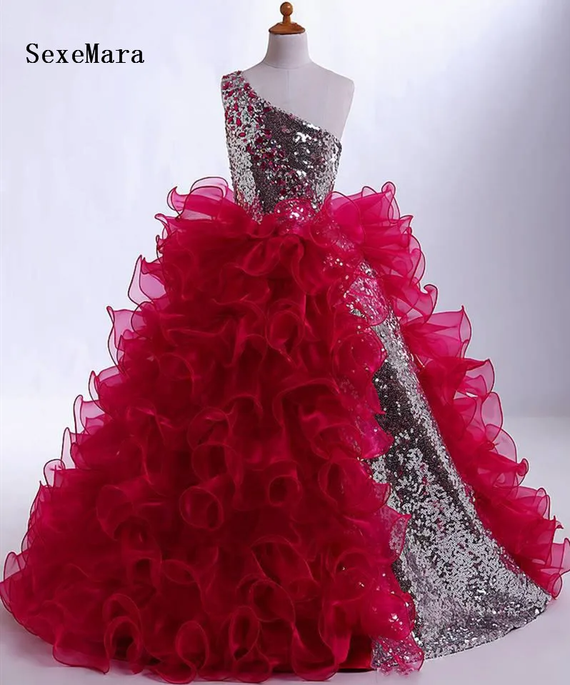 Een Schouder Ruches Pailletten Top Rood Meisjes Jurken Baljurk Fonkelende Jurken Girl's Pageant Jurken