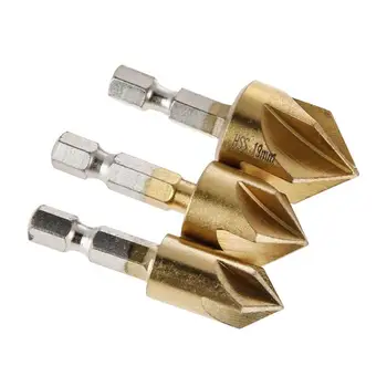 

3PCS 5 Flute Chamfer Countersink 1/4" Hex Shank HSS Wood Chamfering Cutter Chamfer 12/16/19mm Countersink Drill Bit