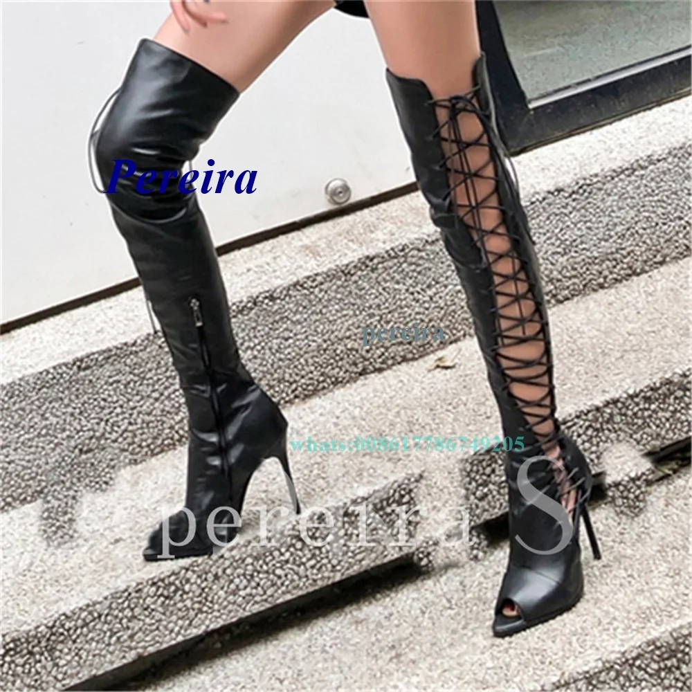 

Peep Toe Cross Tied Sandal Boots Strappy Pointed Toe Side Zipper High Heels Lace Up Cut Out Gladiator Pu Leather Women Shoes