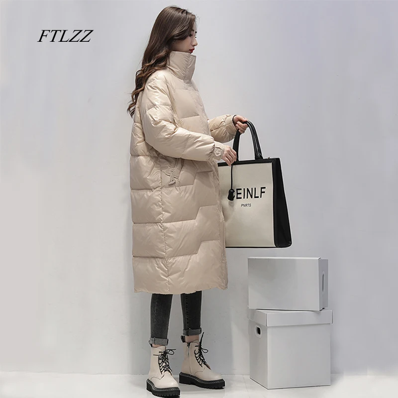 FTLZZ Winter Stand Collar Solid Long Down Jacket