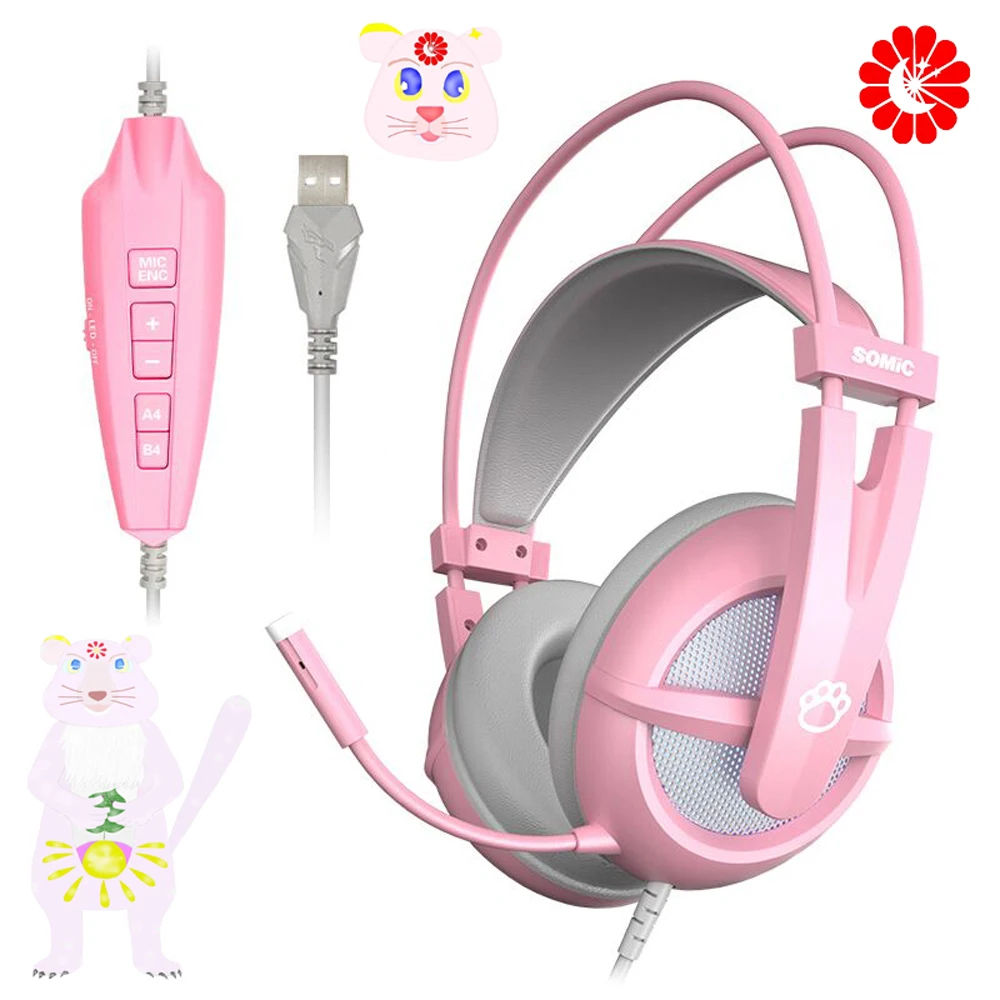 wired PINK cute Gaming Headset 7.1 Surround Sound Stereo Noise