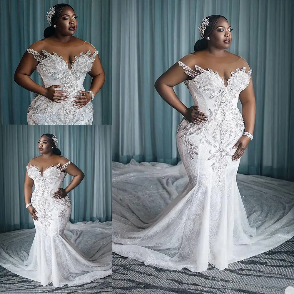 

Plus Size Vestido De Novia African Crystal Mermaid Wedding Dress Long Train Sheer Neck Custom Made Bridal Gown