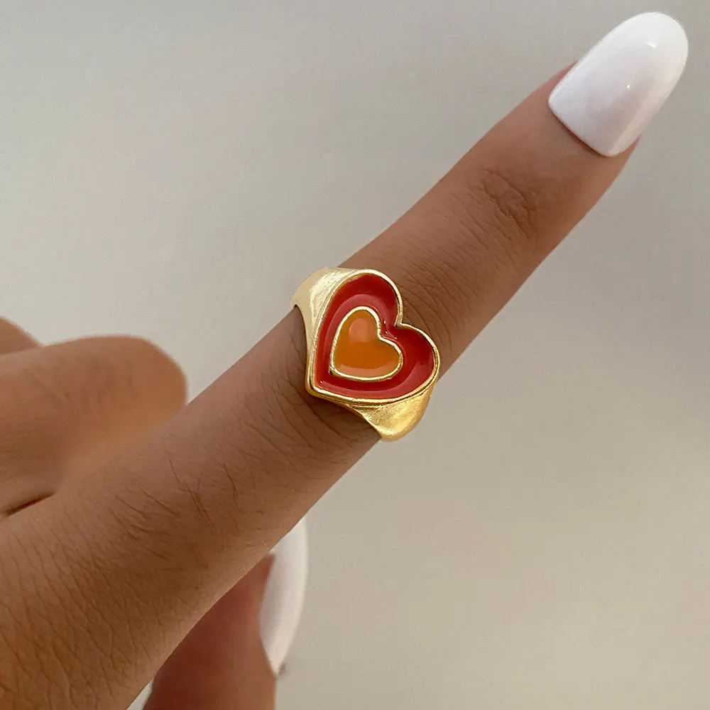 Finger Ring Sparkling Heart Ring Creative Cute Colorful Double Layer Love Heart Ring Vintage Drop Oil Metal Heart Rings For Women Girls Fashion Jewelry