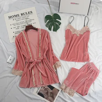 

Pink Pijamas For Female Autumn Winter Warm 3PCS Sleep Set Negligee Lady Velour Sleepwear Thicken Lace Velvet Home Clothing