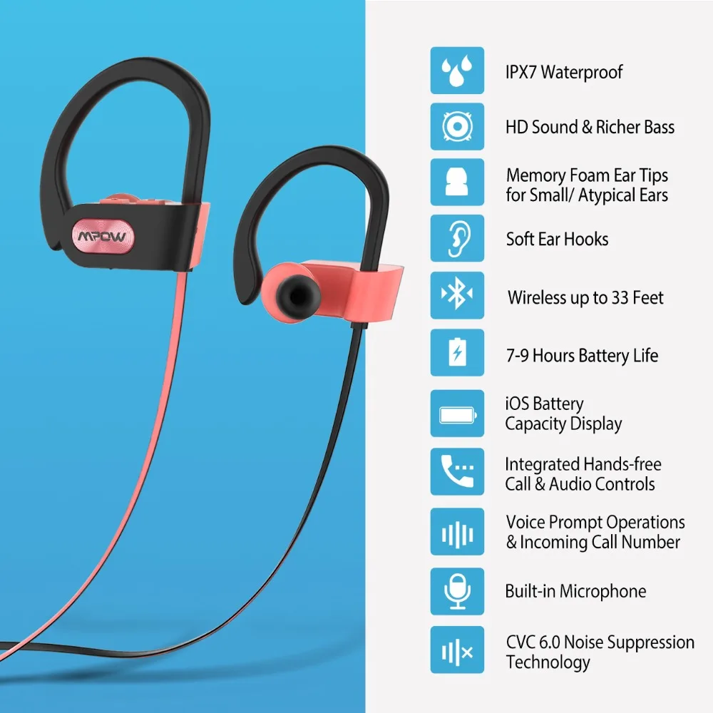 Mpow Bluetooth Earphones Waterproof HiFi Stereo Sport Headphone Wireless Earbuds With Microphone EVA Case For iPhone X 8 7