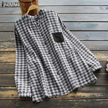 

ZANZEA 2020 Vintage Plaid Shirts Women Stand Collar Blouses Checked Tops Long Sleeve Buttons Down Tunic Blusas Womens Clothing