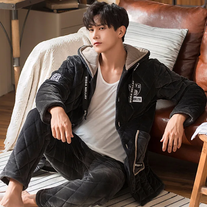 

Pajamas Men's Winter Thick Woolen Cotton Three Layer Padded Coral Velvet Autumn And Winter Men Flannel Tracksuit Warm