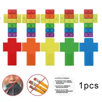 

2pcs Chew Brick Sensory Chewing Necklace Chewelry Rainbow Blocks Teether Baby Creative Silicone Molar Stick for Autism Patient