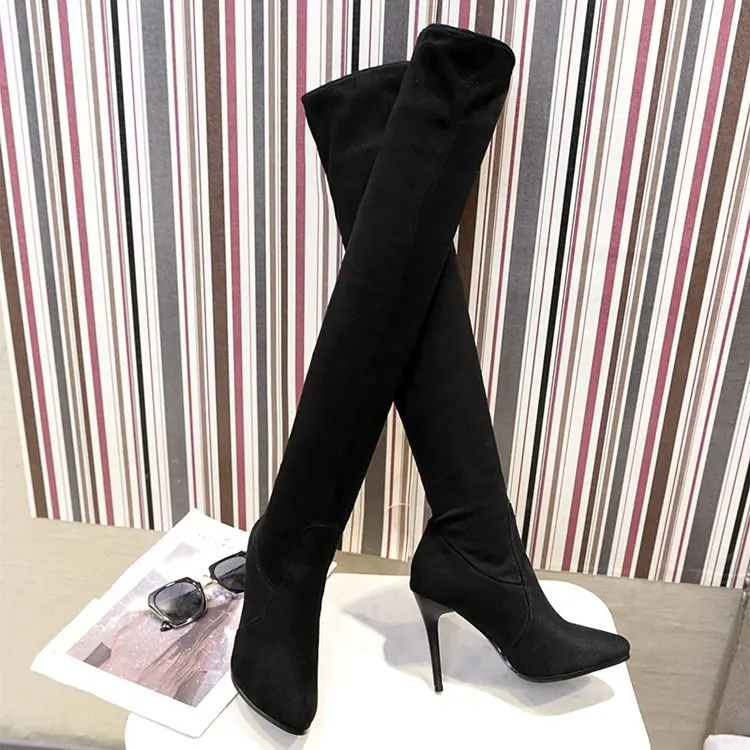 Черные Высокие Сапоги выше колена; женская обувь; botines mujer; ; черные ботиночки; женская обувь; высокие сапоги до колена