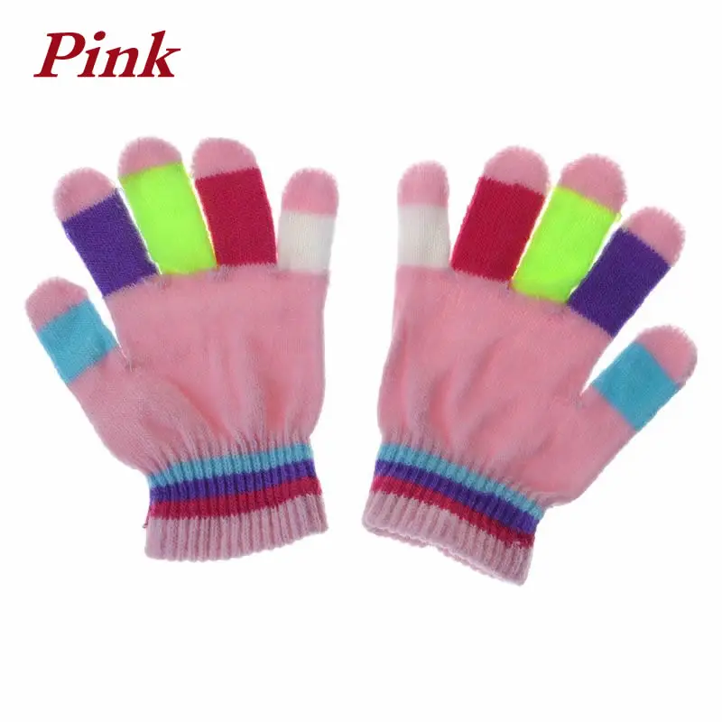 Pink 1 пара, детские перчатки, полный палец, теплые зимние, цветные, в полоску, вязаные, для мальчиков и девочек, одноцветные, эластичные, D08C - Цвет: Pink