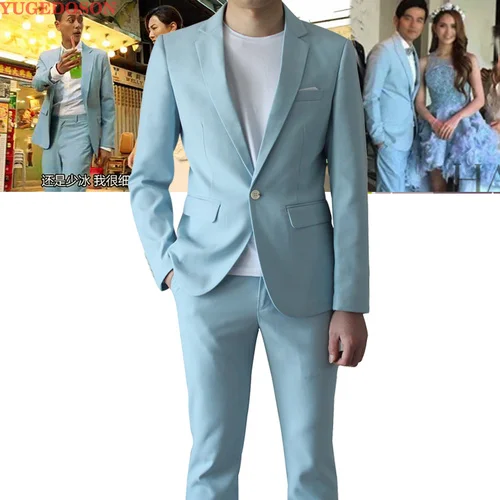 light blue Мужской костюм из 3 предметов(пиджак+ брюки+ жилет), Свадебный костюм жениха, мужской модный однотонный деловой костюм, повседневный приталенный мужской костюм - Цвет: light blue