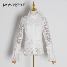 TWOTWINSTYLE, винтажные Лоскутные кружевные блузки для женщин, воротник с лацканами, расклешенные рубашки с длинным рукавом, Женская мода