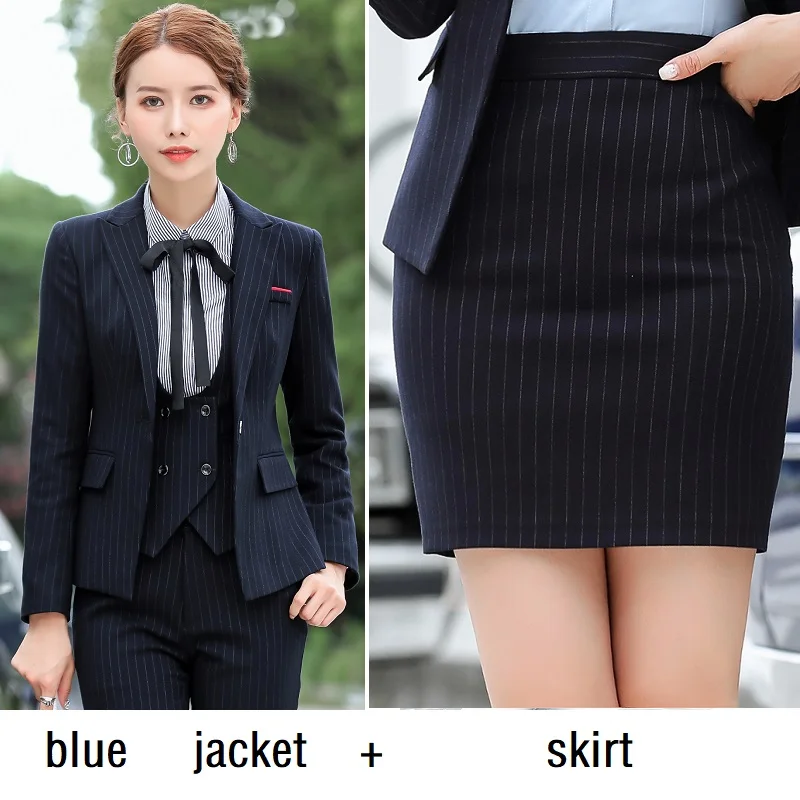 blue jacket skirt Женские костюмы, тонкие, Осень-зима, в полоску, блейзеры, куртка, брюки, 2 шт, набор, OL, формальные, женские, брючные костюмы, женский комплект, костюмы, 1516 - Цвет: blue jacket skirt
