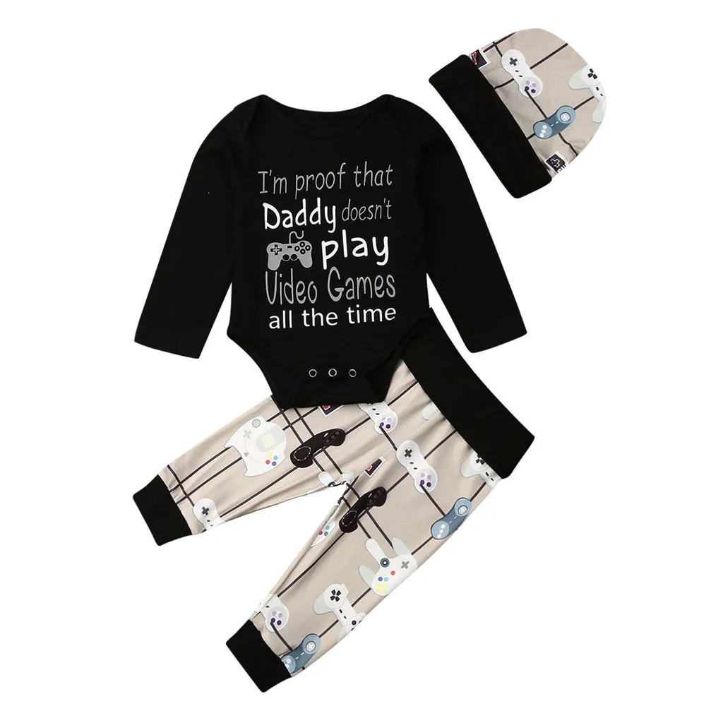 

Newborn Infant Baby Girls Boys Clothes Letter cotton long sleeve Romper Games Print Pants Hats Outfits Unisex kids Clothing Sets