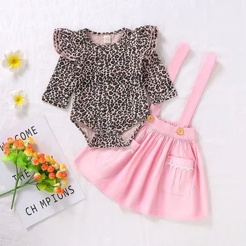 

IBaby Girls Romper Autumn Long Flare Sleeve 2 Pcs/set Newborn Leopard Rompers Strap Skirts Costume Sets New