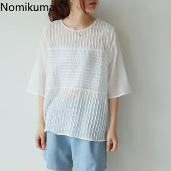 

Nomikuma New Arrival O Neck Short Sleeve T Shirts Women Slightly Transparent Solid Color TShirt Lady Fashion Tops Tee 3a240