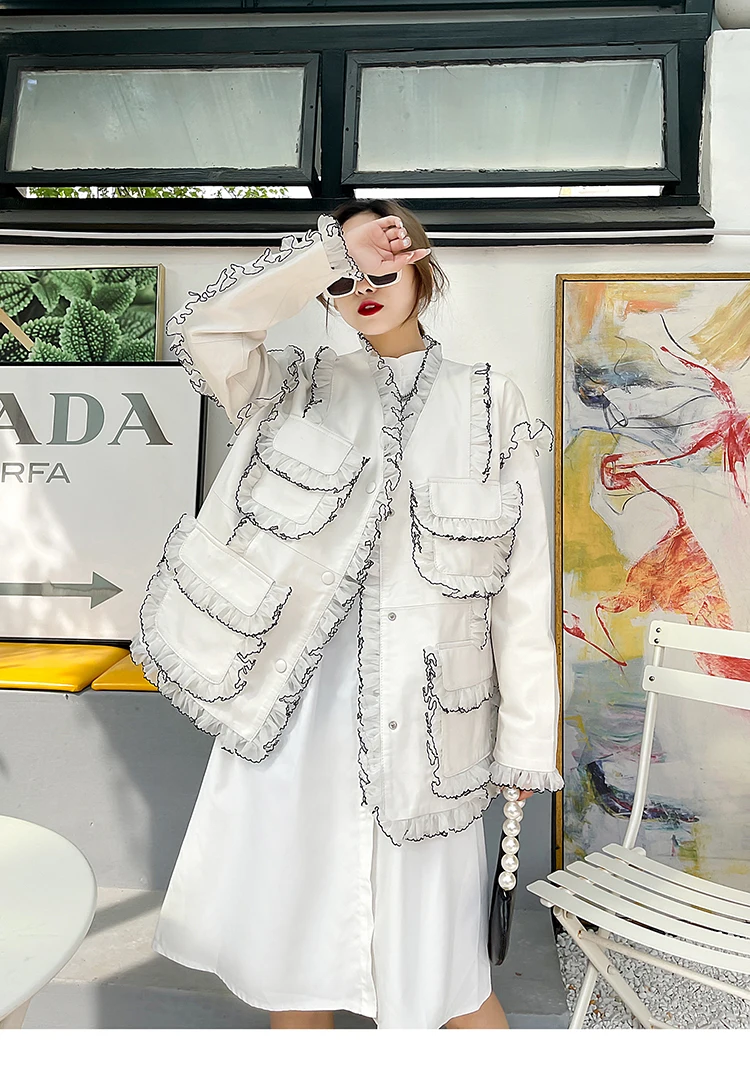 Autumn Spring Korean Style Women's High Quality Ruffles Genuine Leather Loose V-neck Jackets B098