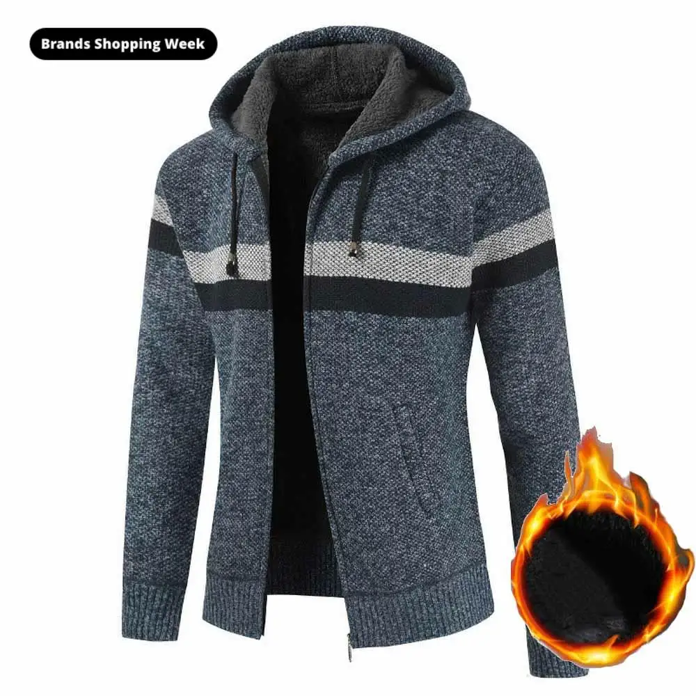 FALIZA Men's Striped Sweater Coat Thick Fleece Warm Zipper Wool Hooded Cardigan Jumpers Men Long Sleeve Knitted Sweaters XY110 FALIZA Men's Striped Sweater Coat Thick Fleece Warm Zipper Wool Hooded Cardigan Jumpers Men Long Sleeve Knitted Sweaters XY110