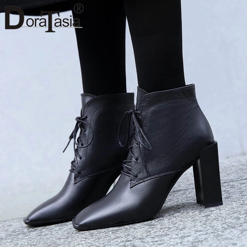 

DORATASIA New Brand Square Toe Booties Lady lace-up Genuine Leather Ankle Boots Women 2019 High Chunky Heels Shoes Woman