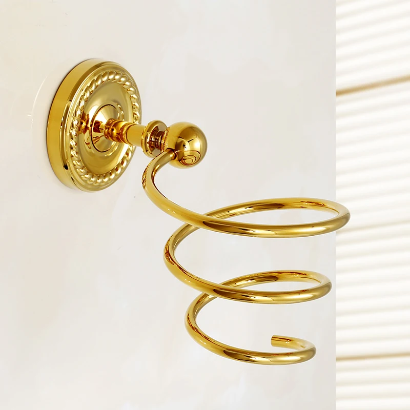 Золотой Латунный набор для ванной, аксессуары для ванной комнаты, полка для ванной, мыльница, держатель для туалетной бумаги, диспенсер для мыла, крючок для халата Kxz009 - Цвет: Hair Dryer Holder