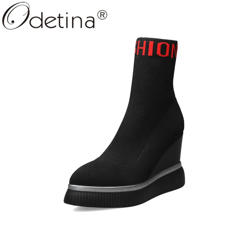

Odetina Women Knitting Pointed Toe Slip On Socks Boots Lady Casual Platform Wedge Hidden High Heel Mid Calf Boots Big Size