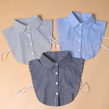

Women Autumn Vertical Striped Lapel Fake Collar Necklace Button Down Sweater Decorative Detachable Half-Shirt Blouse